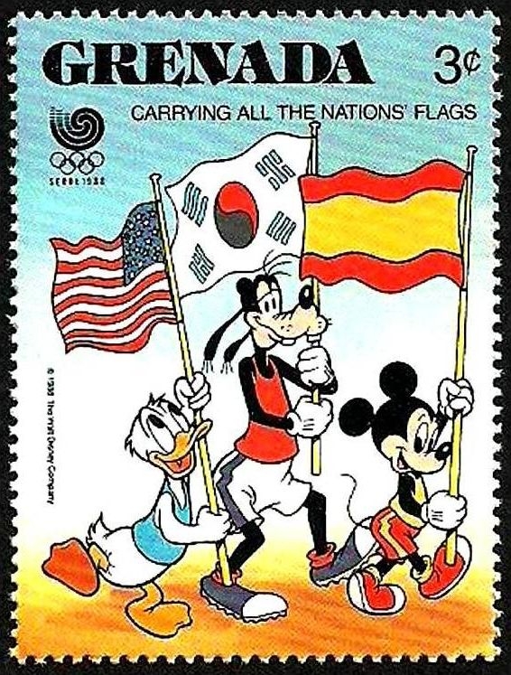 Grenada 1988 Scott 1584 Sello ** Walt Disney Juegos Olimpicos de Seul Mickey, Pluto y Donald portando Banderas España, USA y Corea 3c Granada